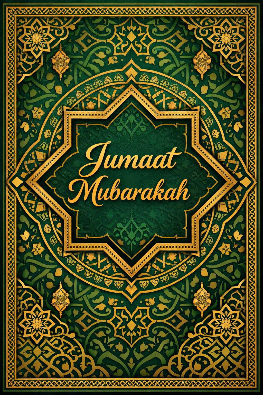 Malaysian Islamic art geometric pattern in green and gold for Jumaat Mubarakah Friday blessing